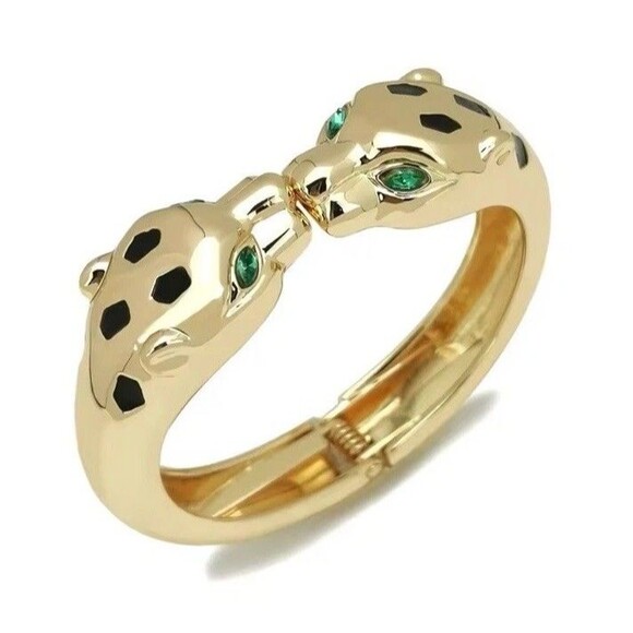 Designer Inspired Statement Leopard Enamel Cuff Bangle Black Gold Tone Green - Picture 1 of 9